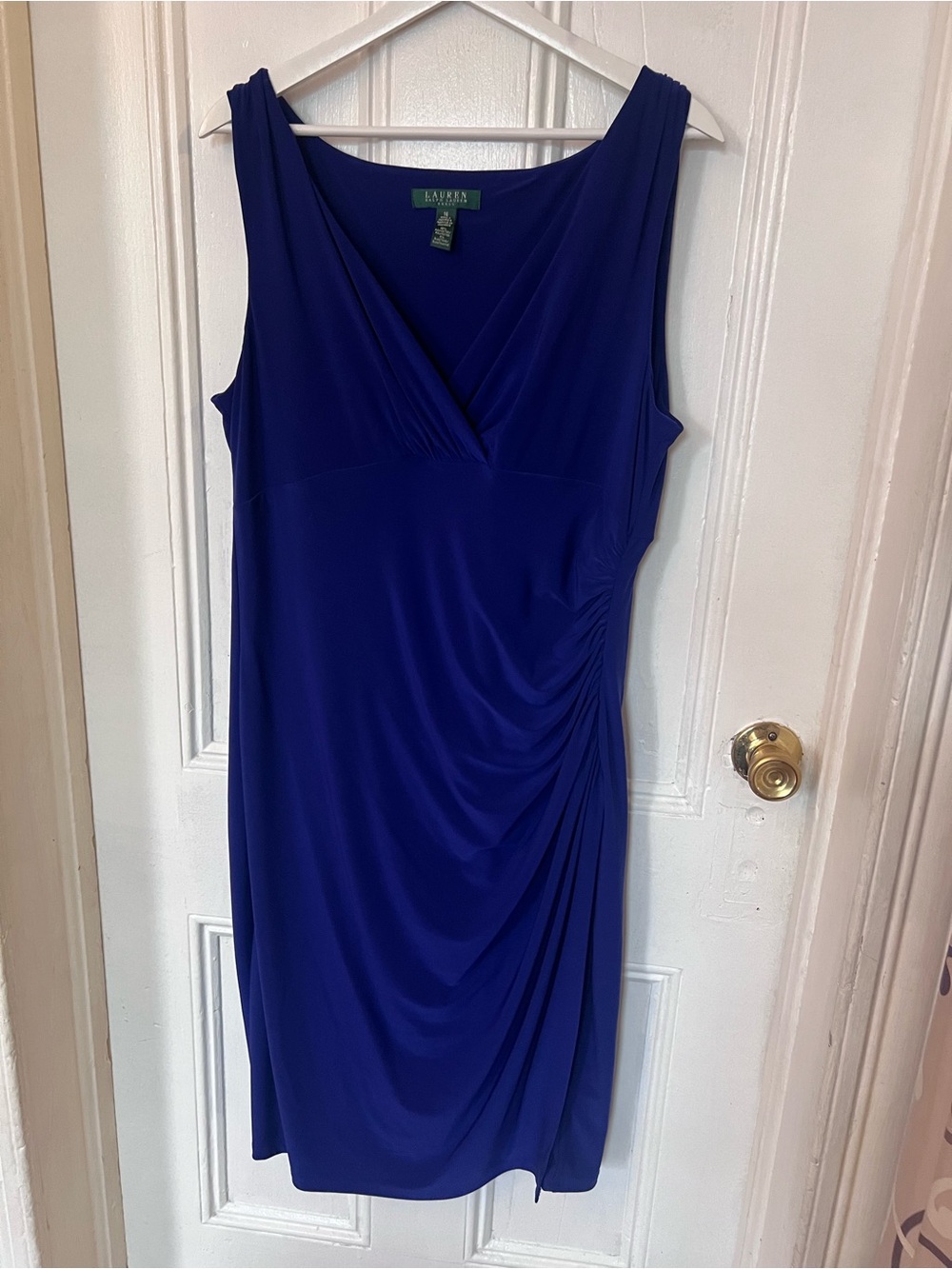 Lauren Ralph Lauren Blue Ruched Sleeveless Draped Dress 16 V-Neck Midi